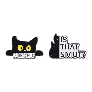 Cute black cat enamel pins set featuring IS THAT SMUT quote and kitten silhouette