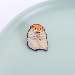 Cute hamster enamel pin holding a yellow cross, creative cartoon metal brooch accessory