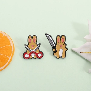 Cute cartoon rabbit enamel pins set featuring a funny bunny with knife and scissors