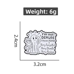 Detail view of ADHD ghost enamel pin with cat and measurements of 3.2cm by 2.4cm