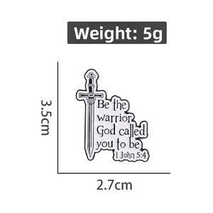 Detail of enamel sword pin with quote Be the warrior God called you to be 1 John 5:4