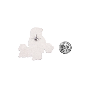 Detailed back view of enamel pin with silver metal texture and butterfly clutch attachment