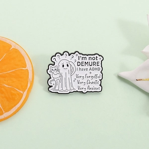 Funny Cartoon Ghost Holding Cat Enamel Pin Badge ADHD Slogan Metal Brooch For Clothing Bags Decoration Gift Unisex Fashion Jewelry