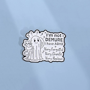 Funny Cartoon Ghost Holding Cat Enamel Pin ADHD Quote Zinc Alloy Brooch Badge For Clothes Bags Backpacks Halloween Jewelry Decoration Gift