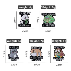 Detailed size chart for animal enamel pins featuring a panda, sloth, and owl with quotes