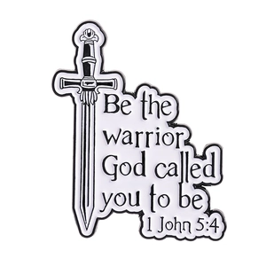 Retro sword enamel pin with warrior scripture quote for religious metal badge