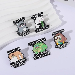 Five-piece cartoon enamel pin set with animal designs and humorous quotes on purple background