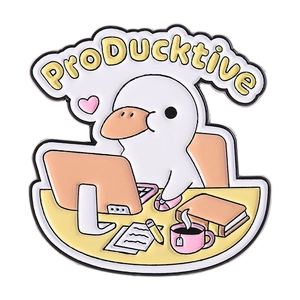 ProDucktive cartoon white duck enamel pin working with laptop on white background