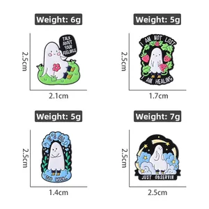 Detailed grid view showing dimensions and weight of four cute ghost enamel pins