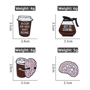 Detailed size and weight specs for four coffee and brain themed enamel lapel pins
