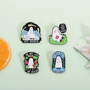 Cute White Ghost Enamel Brooch Cartoon Zinc Alloy Pin Badge With Healing English Phrase For Halloween Clothes Bag Accessory
