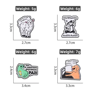 Set of four unique cartoon enamel pins with funny animal quotes and size specifications