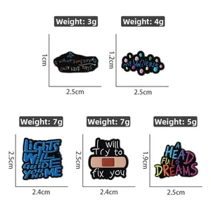 Detailed size and weight chart for Coldplay inspired enamel pins with creative music slogans