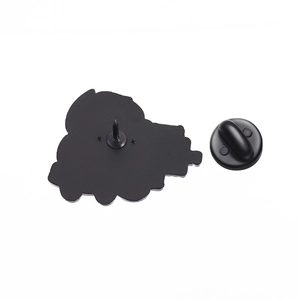 Detailed back view of black enamel cat pin showing the metal needle and rubber clutch backing