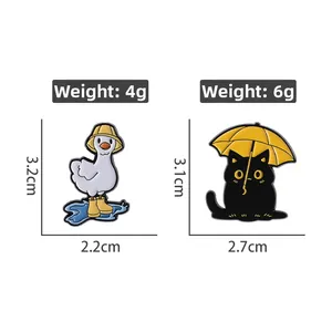 Detail view of cute enamel pins showing dimensions and weights of duck and cat motifs