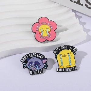 Funny crying animal enamel pins featuring a raccoon and duck with humorous emotional quotes