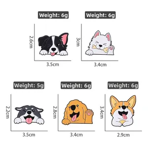 Detailed size and weight chart for five cartoon dog enamel lapel pins and badges