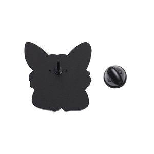Detail view of the black metal back and rubber clutch of the animal dog shape brooch