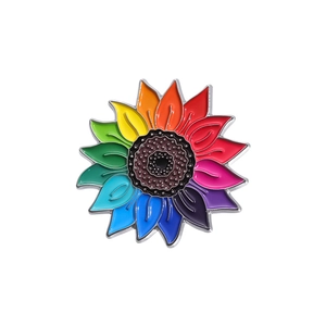 Broche en émail tournesol arc-en-ciel avec pétales colorés et accents en métal argenté