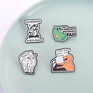 Funny cartoon animal enamel pins featuring a frog, dinosaur, goat, and dog with humorous quotes