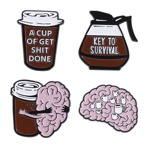 Set of 4 creative coffee enamel pins featuring funny puns and metal brain designs