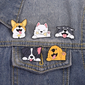 Cute cartoon dog enamel pins on blue denim jacket pocket for backpack decoration