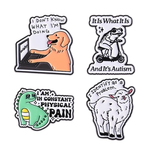 Set of four cartoon animal enamel pins featuring funny dogs frogs and dinosaurs