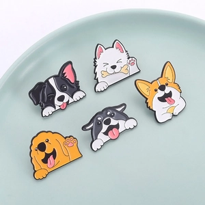 Set of 5 cute cartoon dog enamel pins featuring Corgi and Golden Retriever on a plate