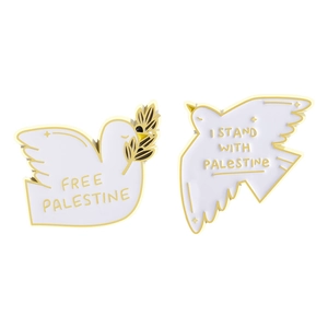 White enamel peace dove brooch pins with gold finish and Free Palestine slogan