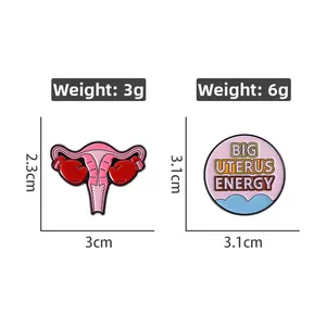 Detail view of feminist uterus enamel pins with dimensions and Big Uterus Energy text