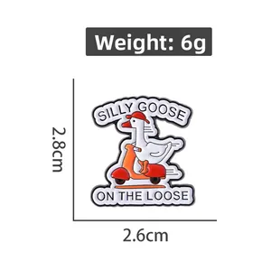 Detail of Silly Goose enamel pin with dimensions 2.8cm by 2.6cm and funny quote