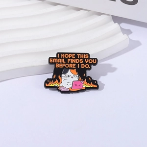 Funny angry office cat enamel pin with flames and laptop for workplace humor