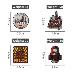 Set of 4 Russian architecture metal enamel pins with St. Basil's Cathedral and dolls