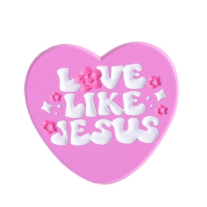 Broche cœur rose avec texte Love Like Jesus et accents floraux en relief