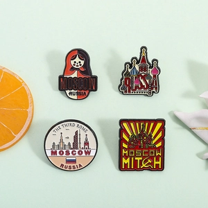 Detailed set of Russian enamel pins featuring Matryoshka doll and Moscow landmarks