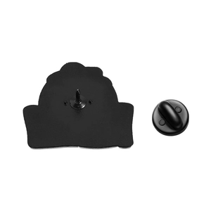 Detail view of the black enamel pin back with secure rubber butterfly clutch closure