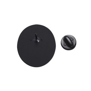 Detail view of the black rubber clutch and needle pin back for custom metal brooches