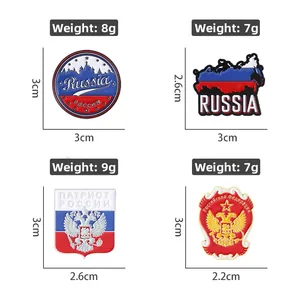 Russian flag enamel badges collection with double-headed eagle icons and size labels