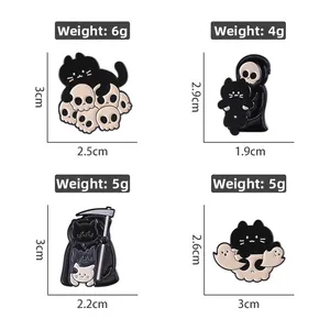 Set of four black grim reaper cat pins with skull and ghost enamel designs in metal lacquer