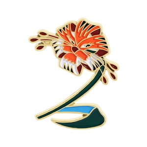 Tiger lily enamel pin with orange floral pattern and gold metal finish for backpacks