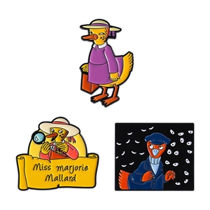 Three-piece cartoon duck enamel pin set featuring cute detective and social duck characters