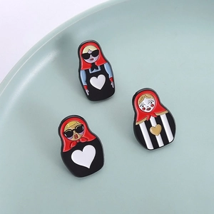 Cartoon Russian Matryoshka doll enamel brooches with stylish folk and heart designs