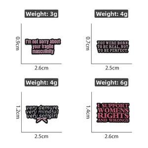 Enamel brooch set size guide with quote pins in different dimensions and weights