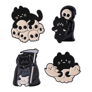 Set of four Halloween black cat enamel pins featuring gothic skull and reaper motifs