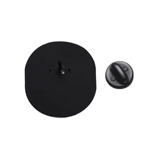 Close-up of matte black metal pin back and rubber clutch components for enamel brooches
