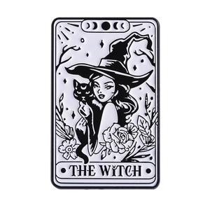 Enamel tarot witch brooch with black cat and moon phases on polished metal pin