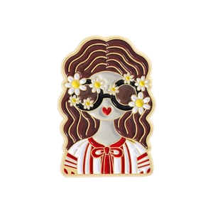 Detail of vintage girl enamel pin with white daisy sunglasses and striped red collar