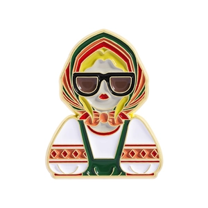 Retro Russian Matryoshka doll enamel brooch with sunglasses and vibrant folk attire