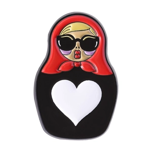 Retro Russian nesting doll enamel brooch with sunglasses and red scarf for outfit decor