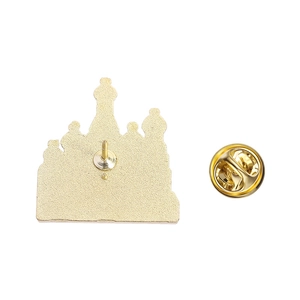 Detailed back view of a gold-tone St. Basil's Cathedral enamel pin with butterfly clutch